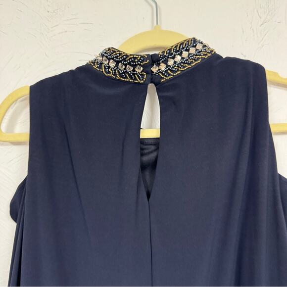 X by Xscape Blue Beaded Collar Formal Mini Dress Women 16 Babydoll Cold Shoulder - Picture 9 of 12